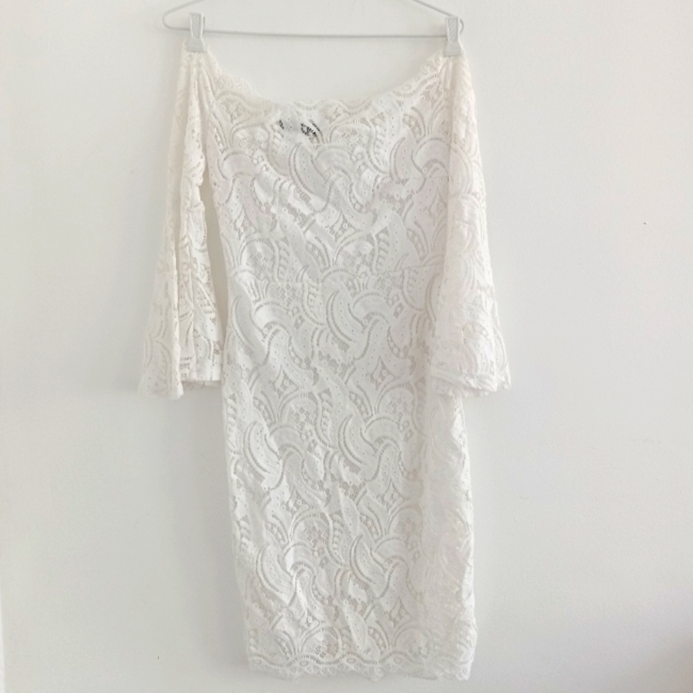 CBR White Lace Bell Sleeves Cocktail Off Shoulder Dress
